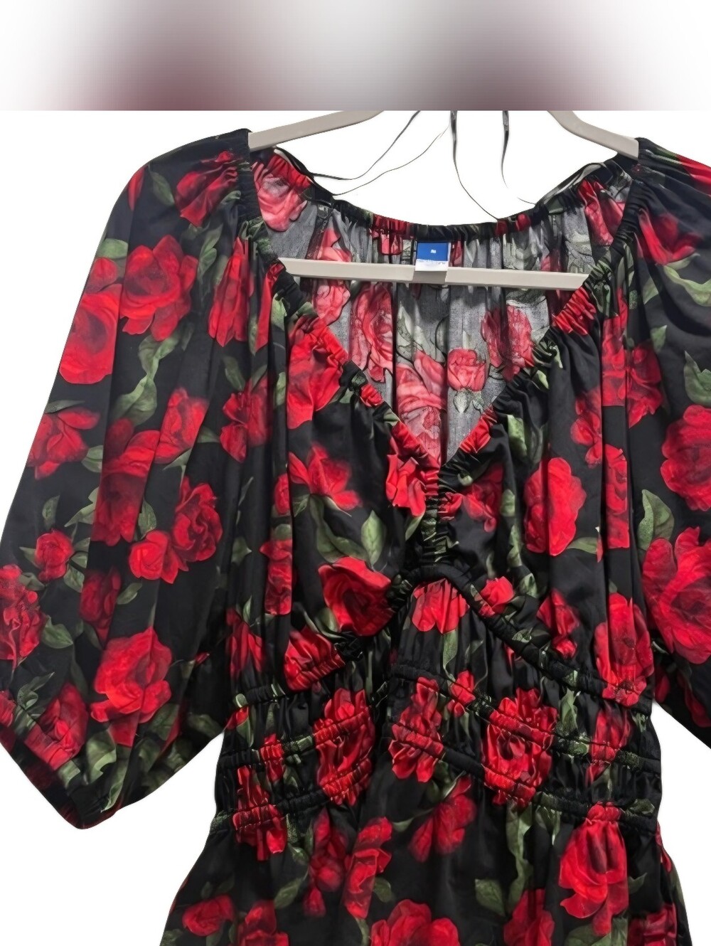 Red Roses On Black Peasant Top